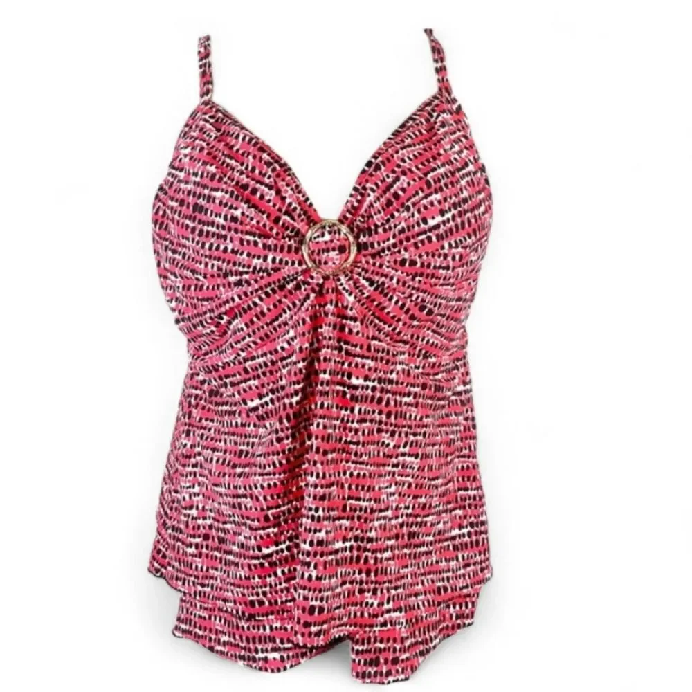 Red Printed V-Neck Underwire Tankini Top with Ring Detail Size 20